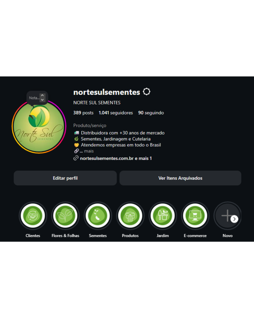 Perfil do Instagram da Norte Sul Sementes